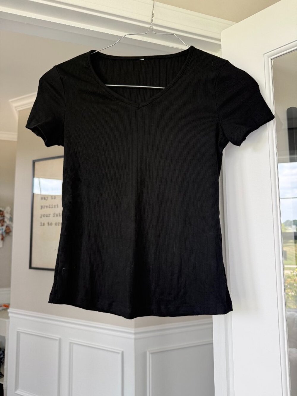 Black V-Neck Ribbed T-Shirt - Small